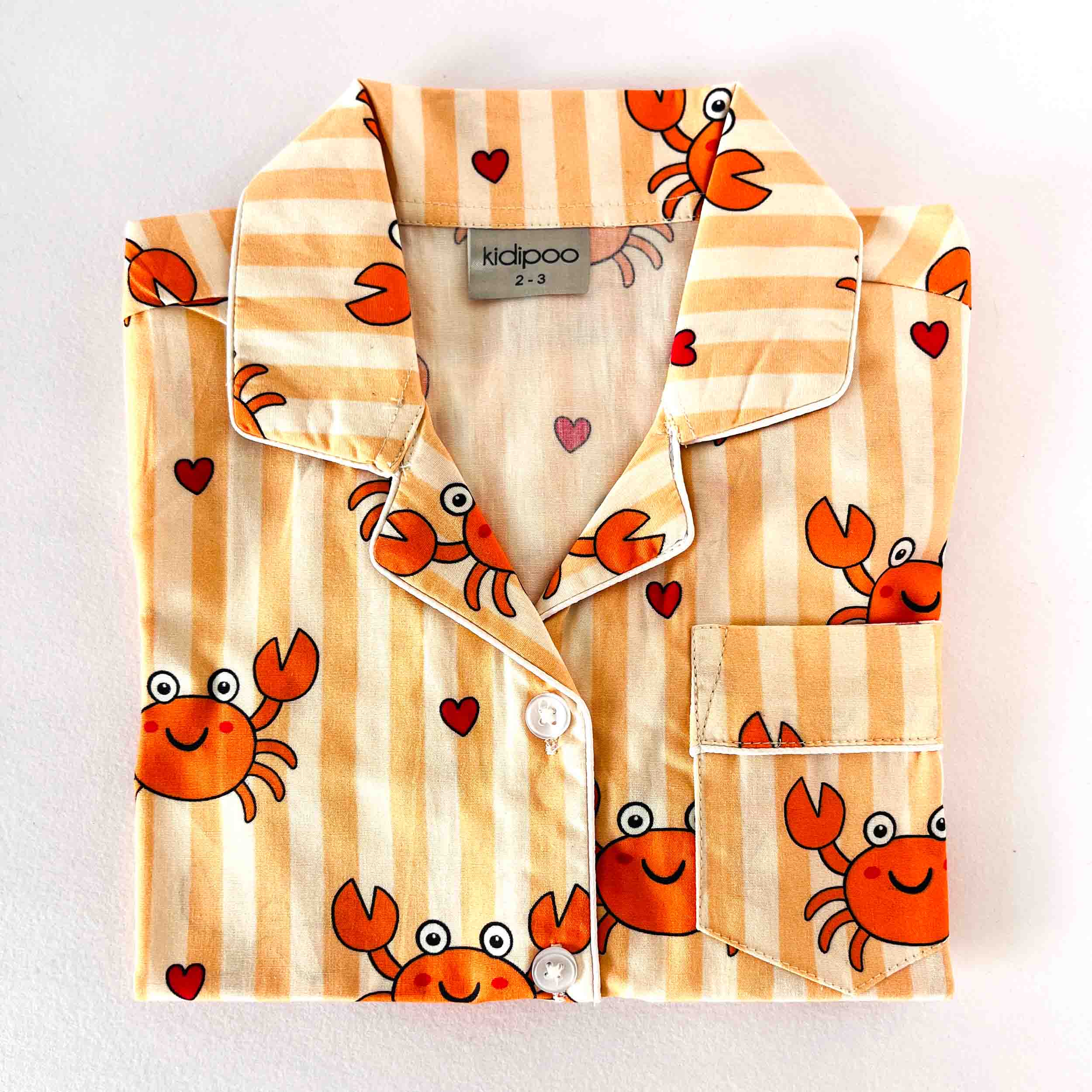 Kids striped crab print cotton night suit shirt front view playful sleepwear 