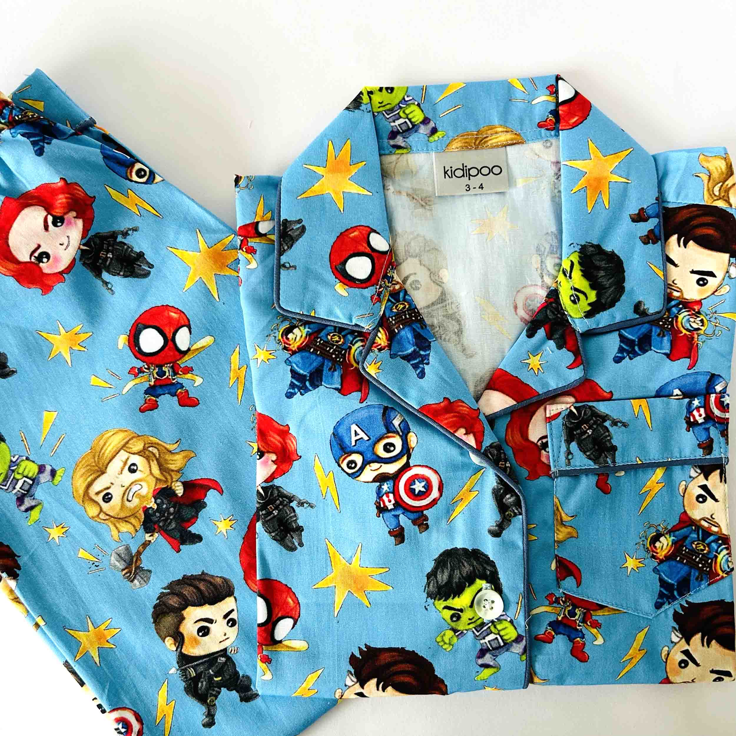 Superhero print kids cotton night suit set with long sleeve shirt and matching pajama