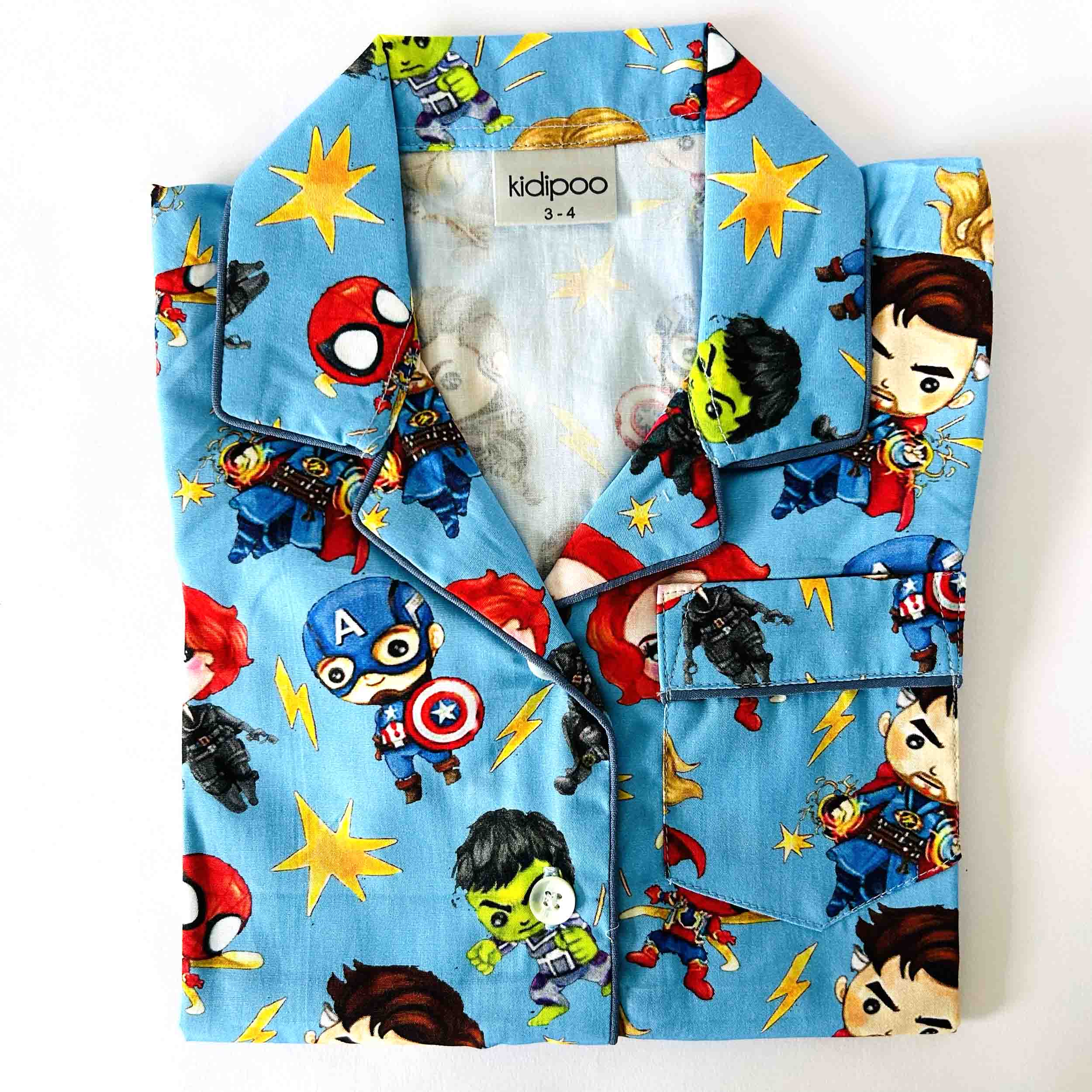 Superhero print kids cotton night suit long sleeve shirt with colorful comic characters