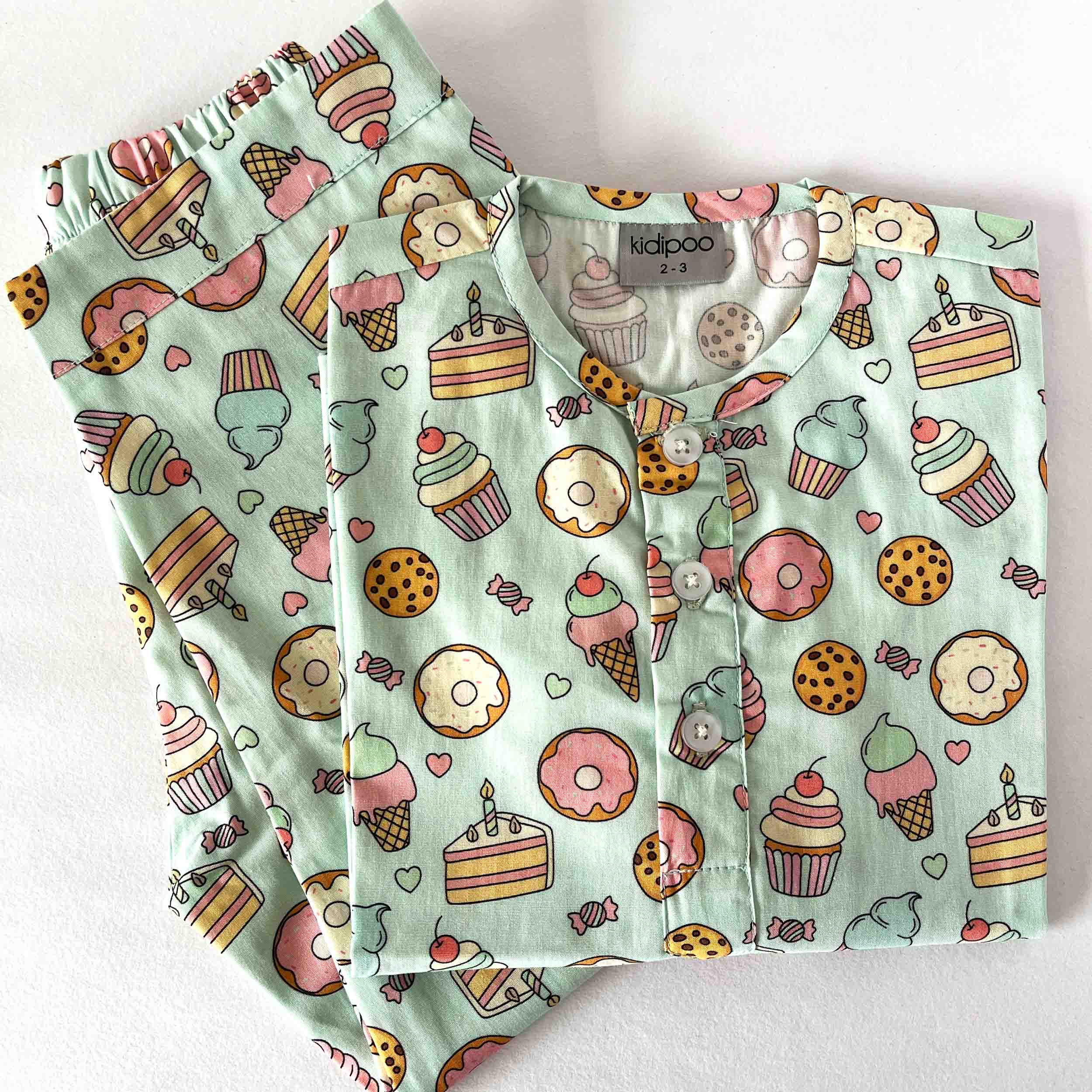 Kids sweet treats print cotton night suit with round neck long sleeve shirt and pajama set