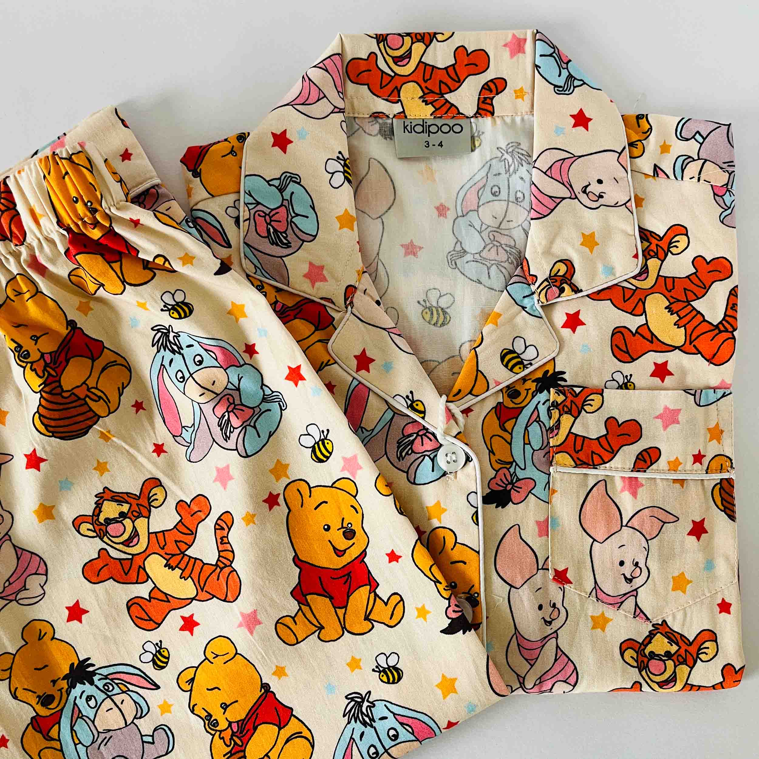 Kids teddy bear friends print cotton full sleeve shirt and pajama night suit set soft breathable sleepwear for boys and girls