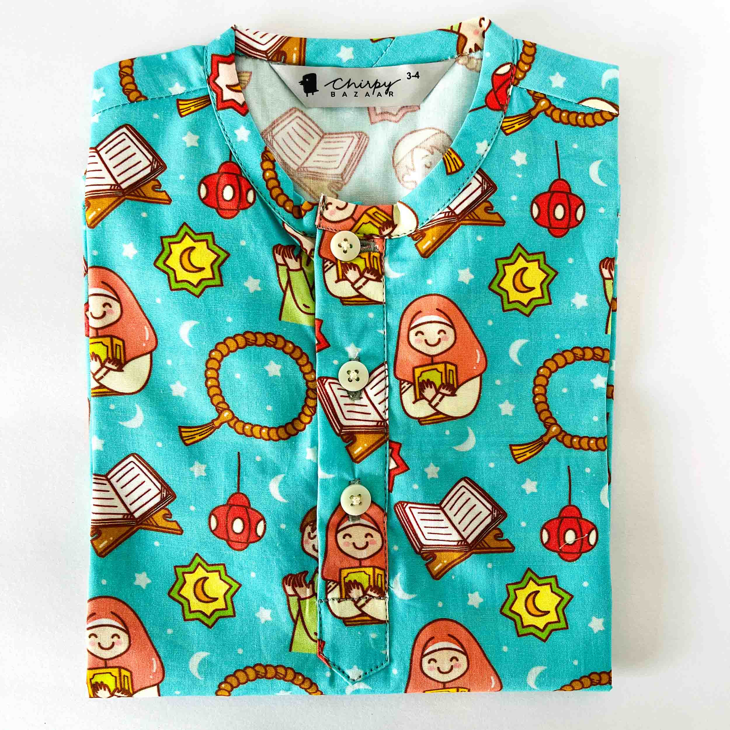 Kidipoo kids turquoise cartoon print cotton kurta long sleeve ethnic wear top