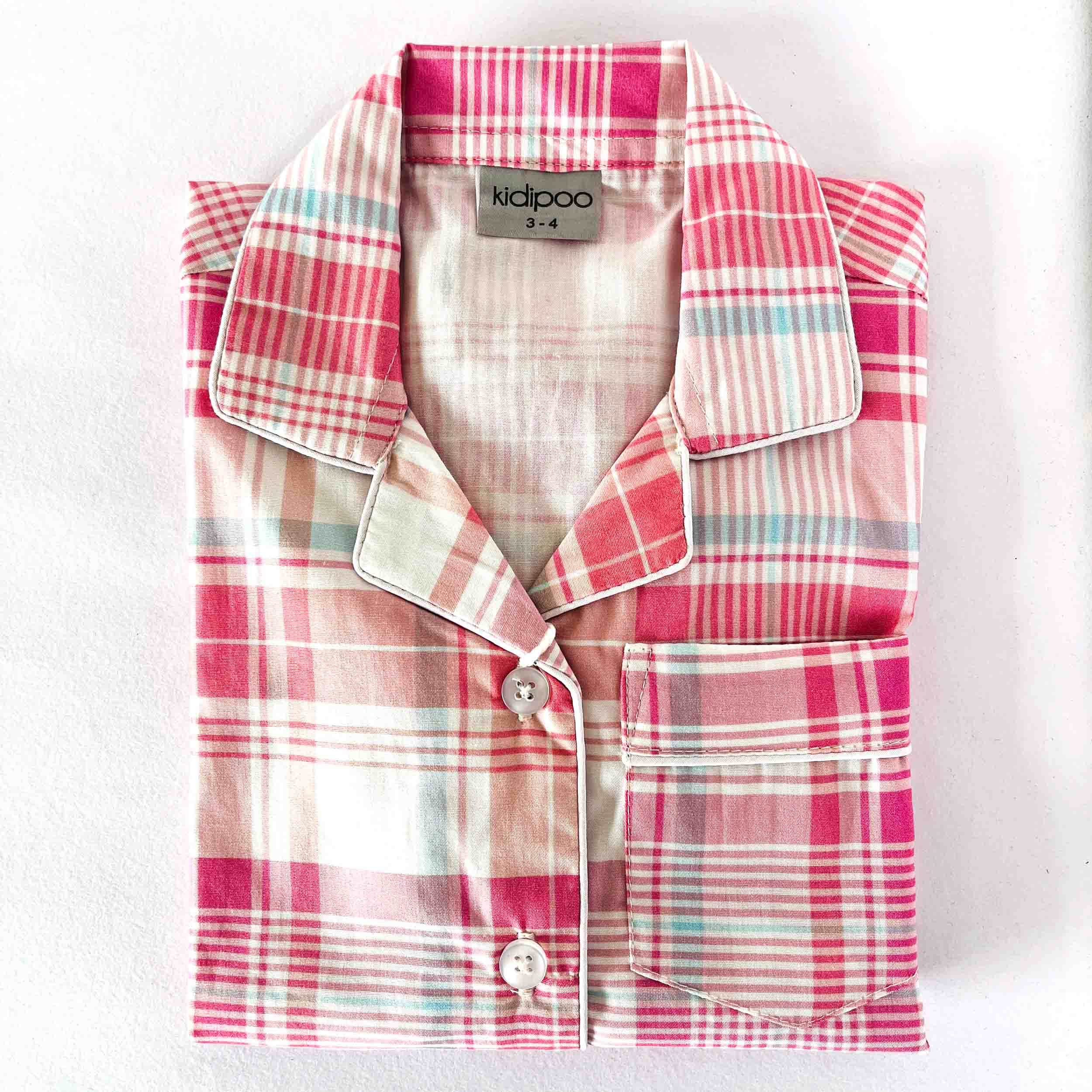 Kids cotton night shirt with multicolor check pattern and long sleeve front button style