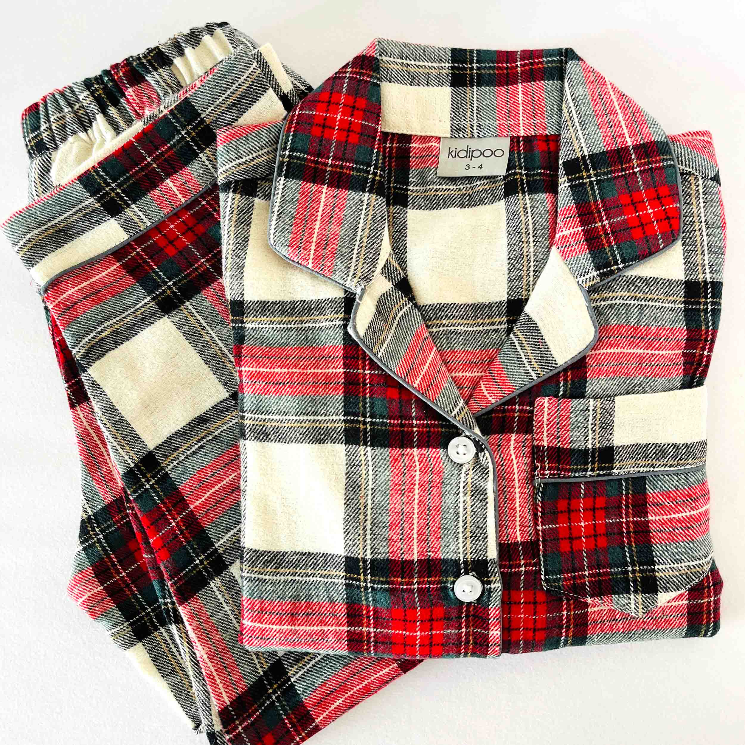 Kids white red and green checks cotton flannel full sleeve shirt and pajama night suit set soft warm winter sleepwear for boys and girls