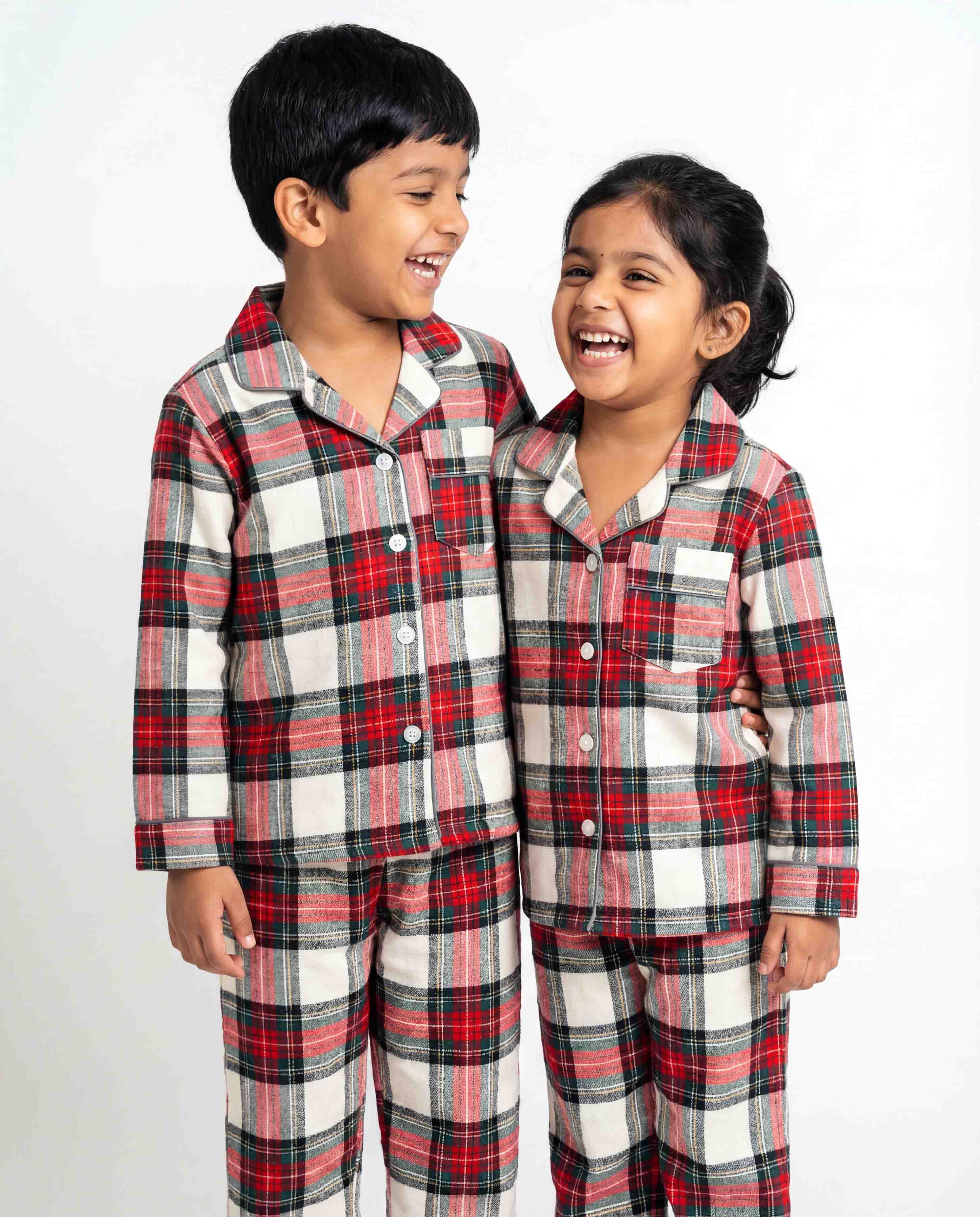 Kids white red and green checkered cotton flannel night suit with full sleeve shirt and matching pajama soft warm winter sleepwear set for boys and girls