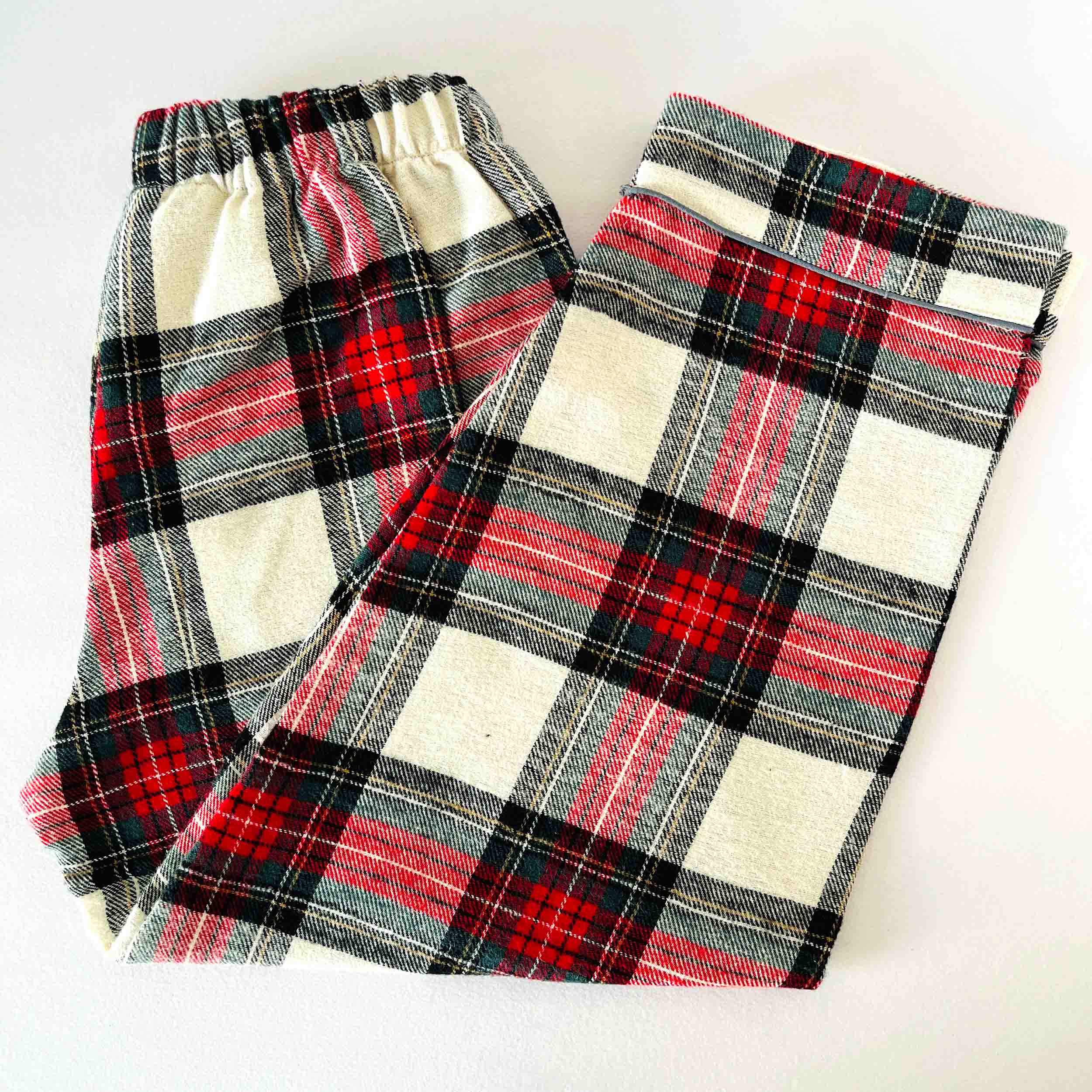 Kids white red and green checkered cotton flannel full length pajama elastic waist soft warm winter nightwear bottom for boys and girls