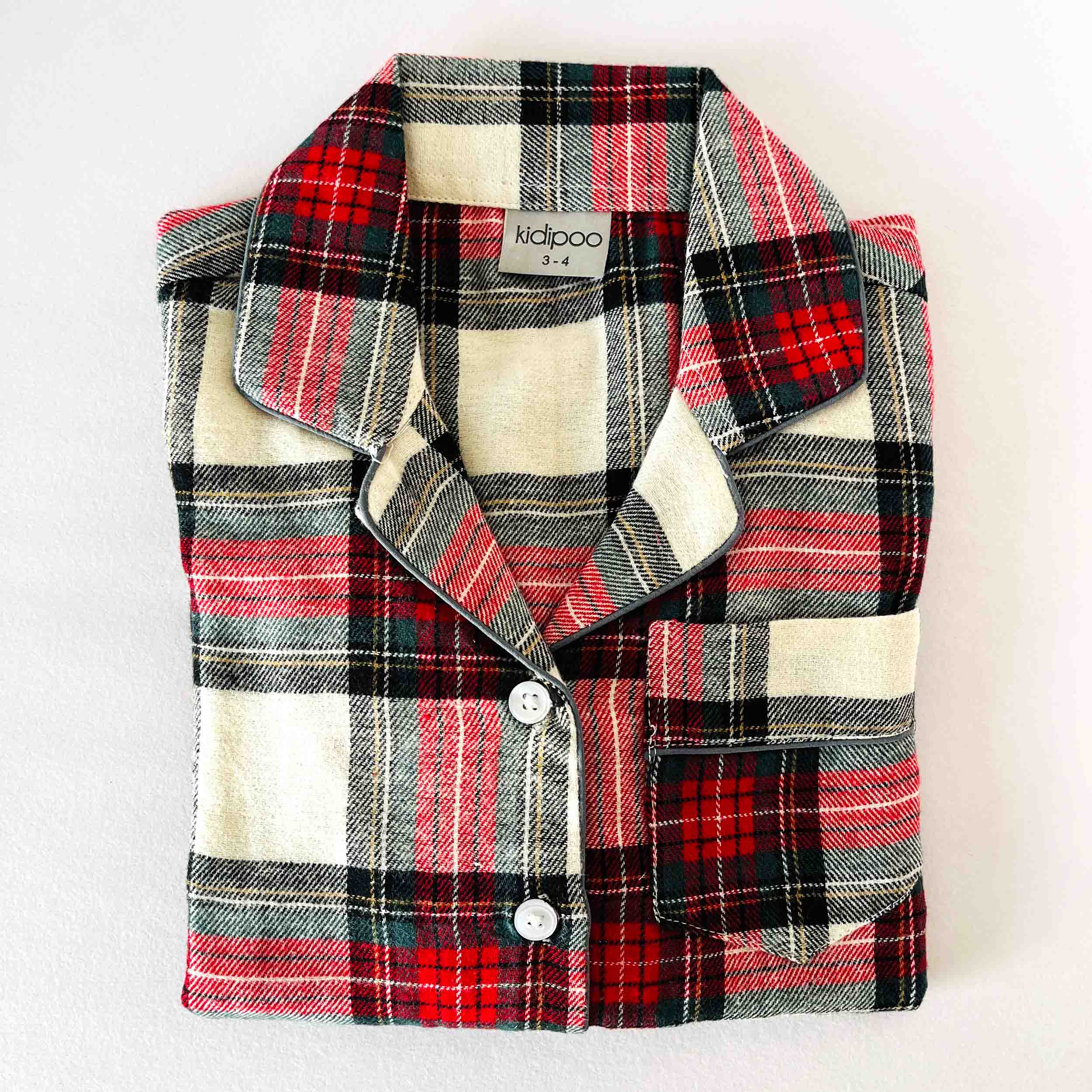 Kids white red and green checkered cotton flannel full sleeve shirt soft warm winter nightwear top for boys and girls