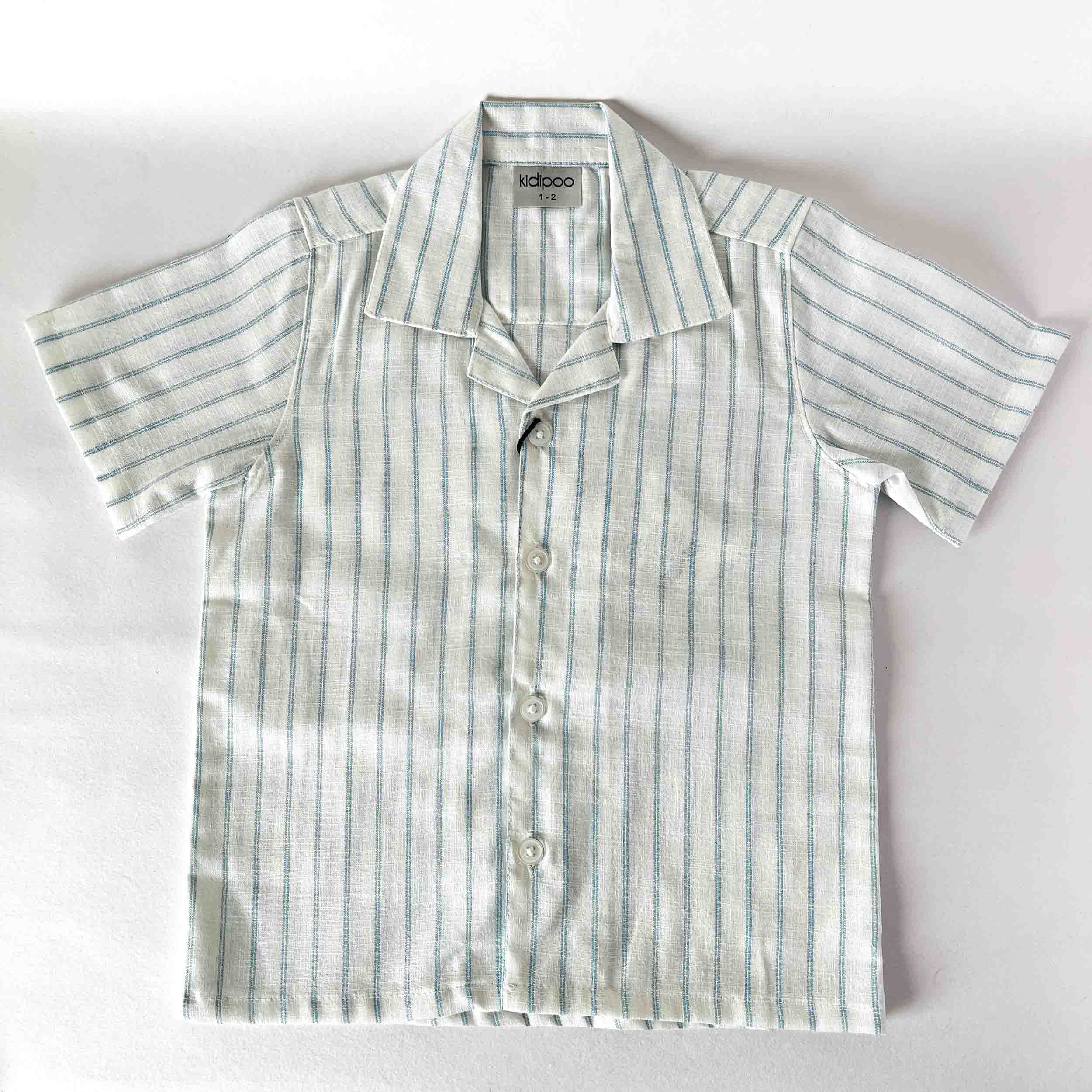 Kids striped short-sleeve button-down shirt with a collar, displayed on a white background