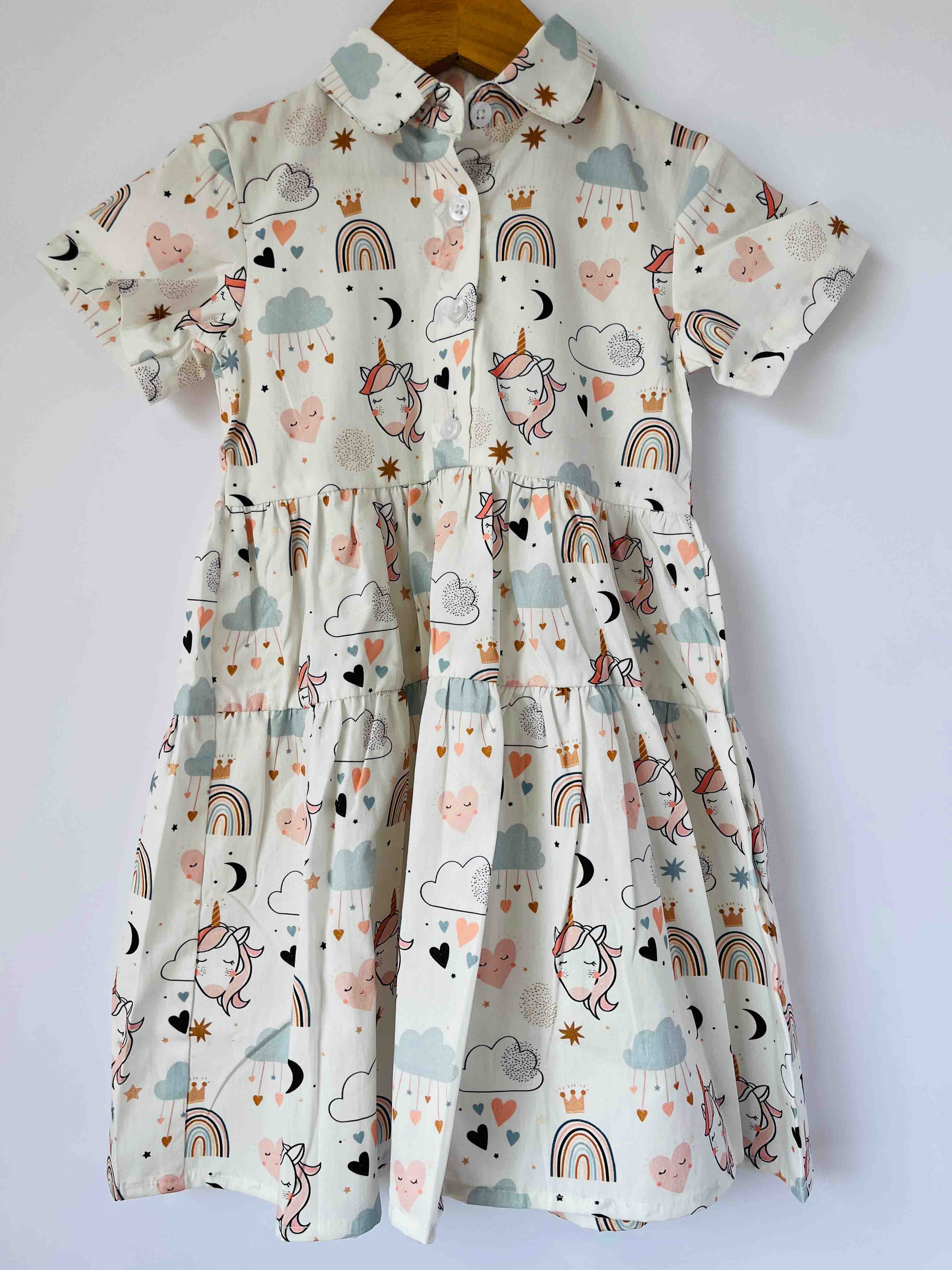Girls unicorn print cotton dress with short sleeves and soft summer fit