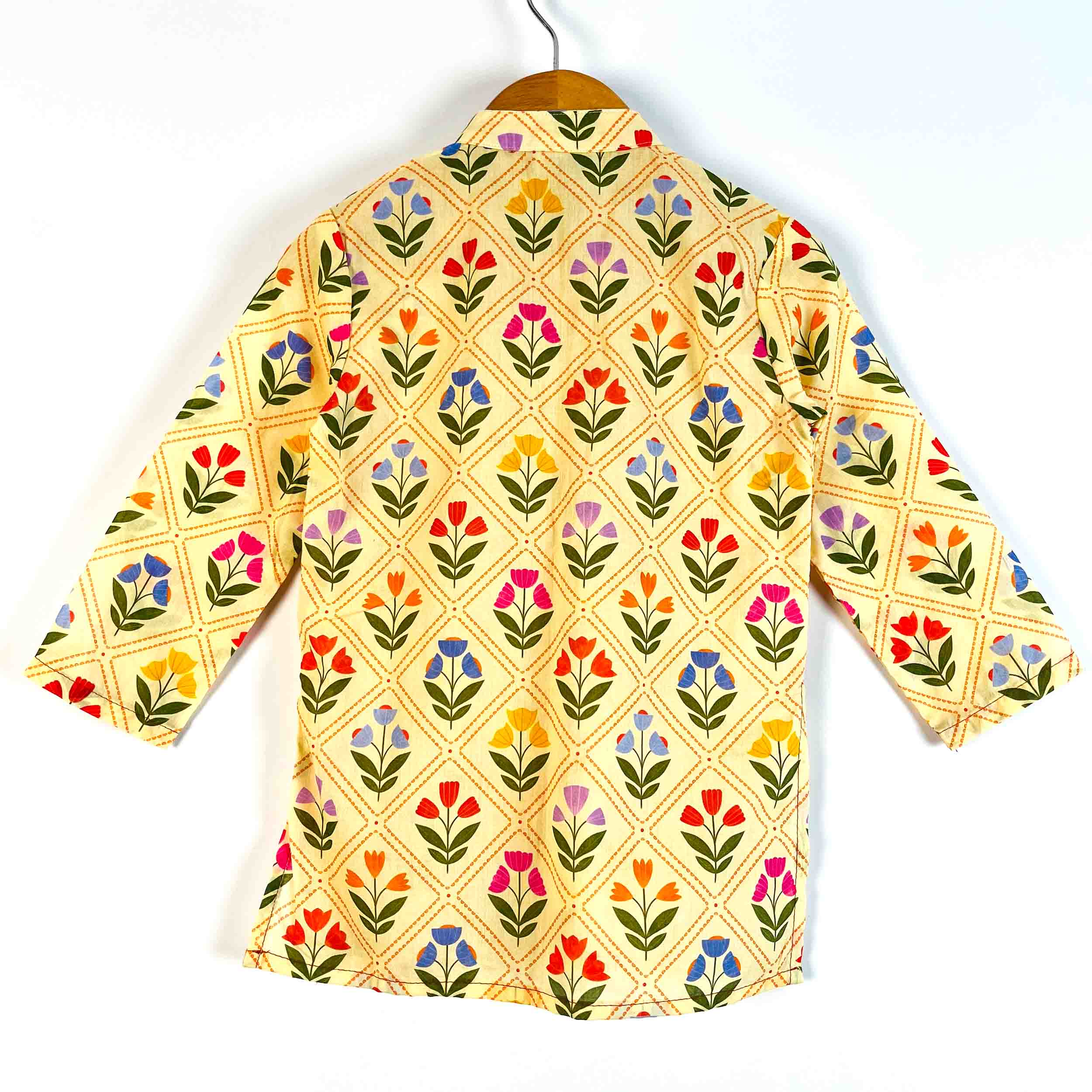 Back view of boys Yellow Petals printed cotton kurta with full sleeves and mandarin collar