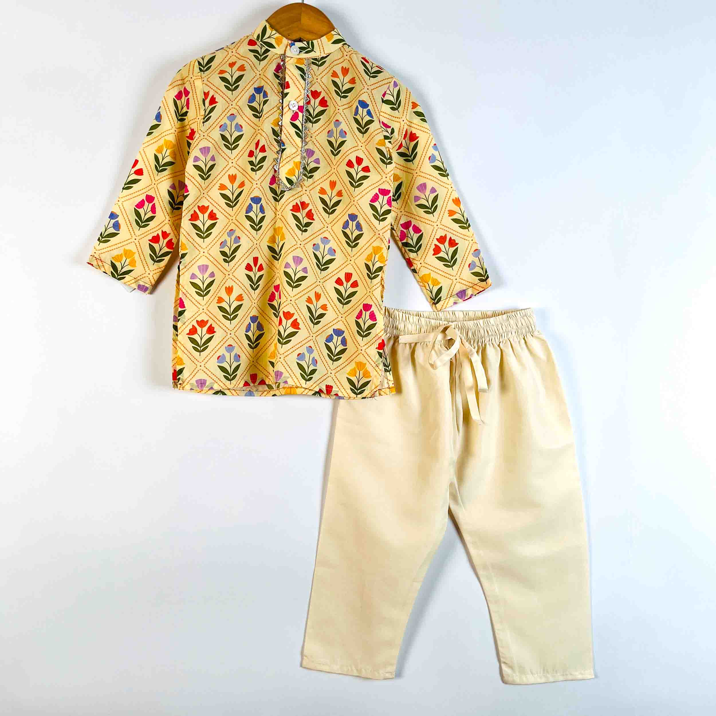 Boys Yellow Petals printed cotton kurta and pajama set with full sleeves and mandarin collar