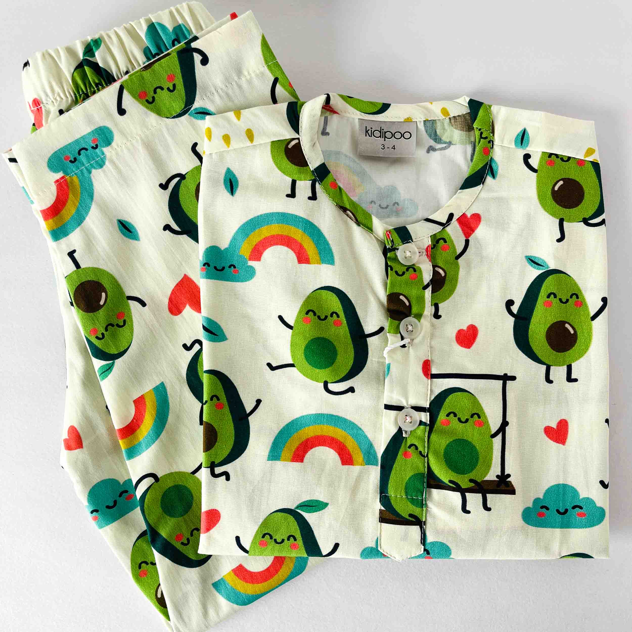 Kids avocado print cotton night suit with full sleeve shirt and elastic waist pajama soft breathable comfortable sleepwear for boys and girls