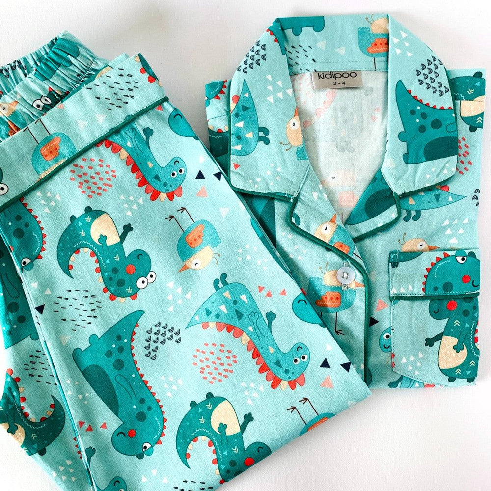 Babyhug Cotton Knit Full Sleeves Dino Printed Night Suit - Light Green