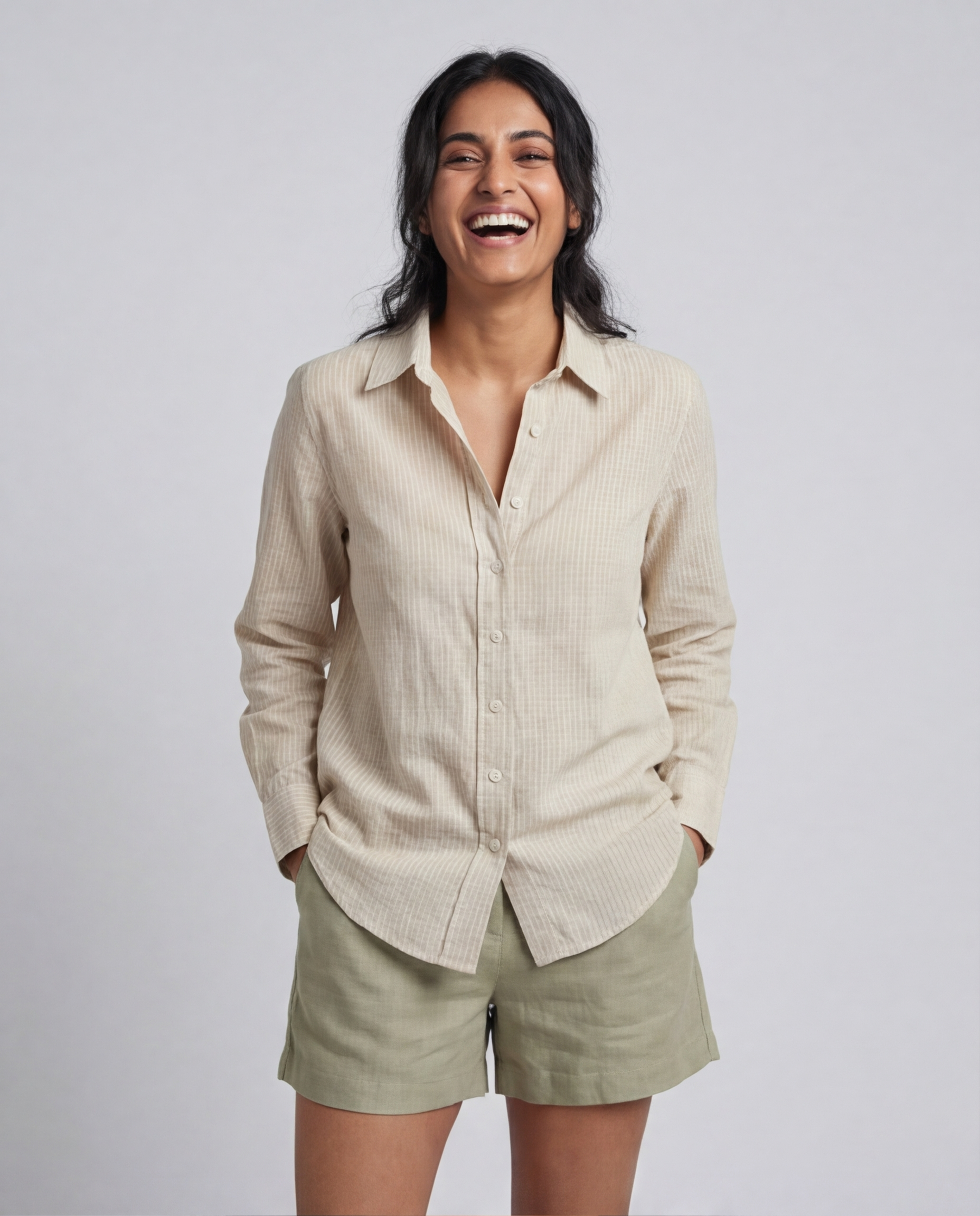 Beige Stripes Cotton Linen Womens Shirt