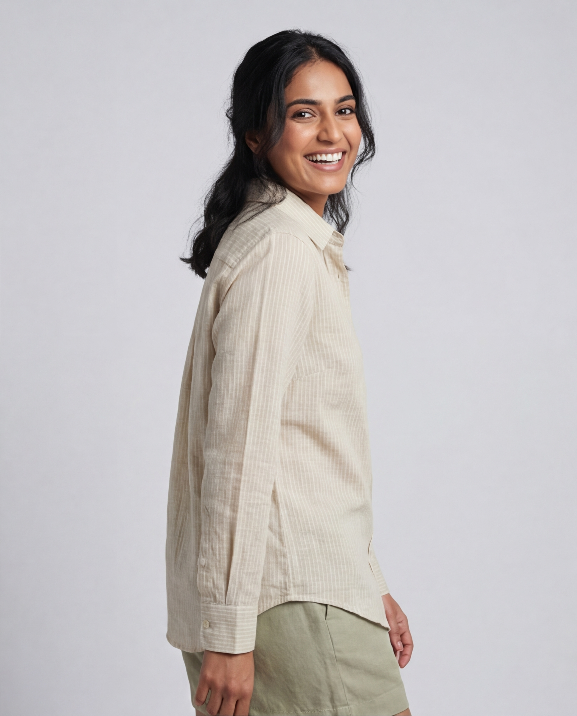 Beige Stripes Cotton Linen Womens Shirt